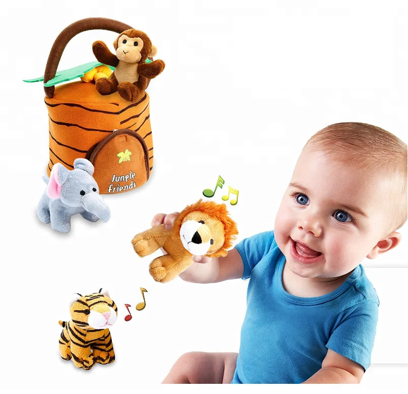 Cute Plush Woodland Animals Toy Set For Kids With Carrier Stuffed Owl, Raccoon, Fox & Squirrel Toys With Sound