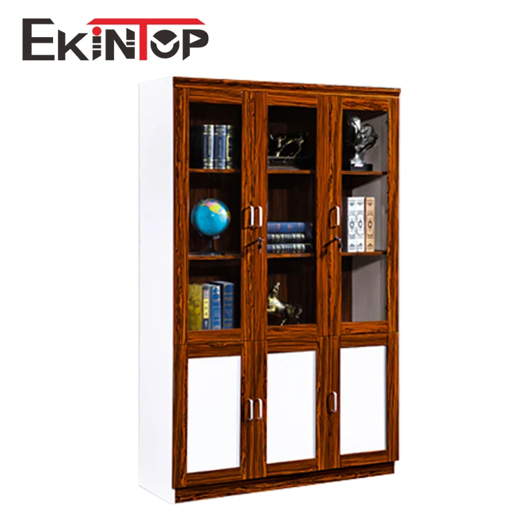 Ekintop antique chinese cheap home library 3 door office furniture bookcase wood book cabinet shelves with study table