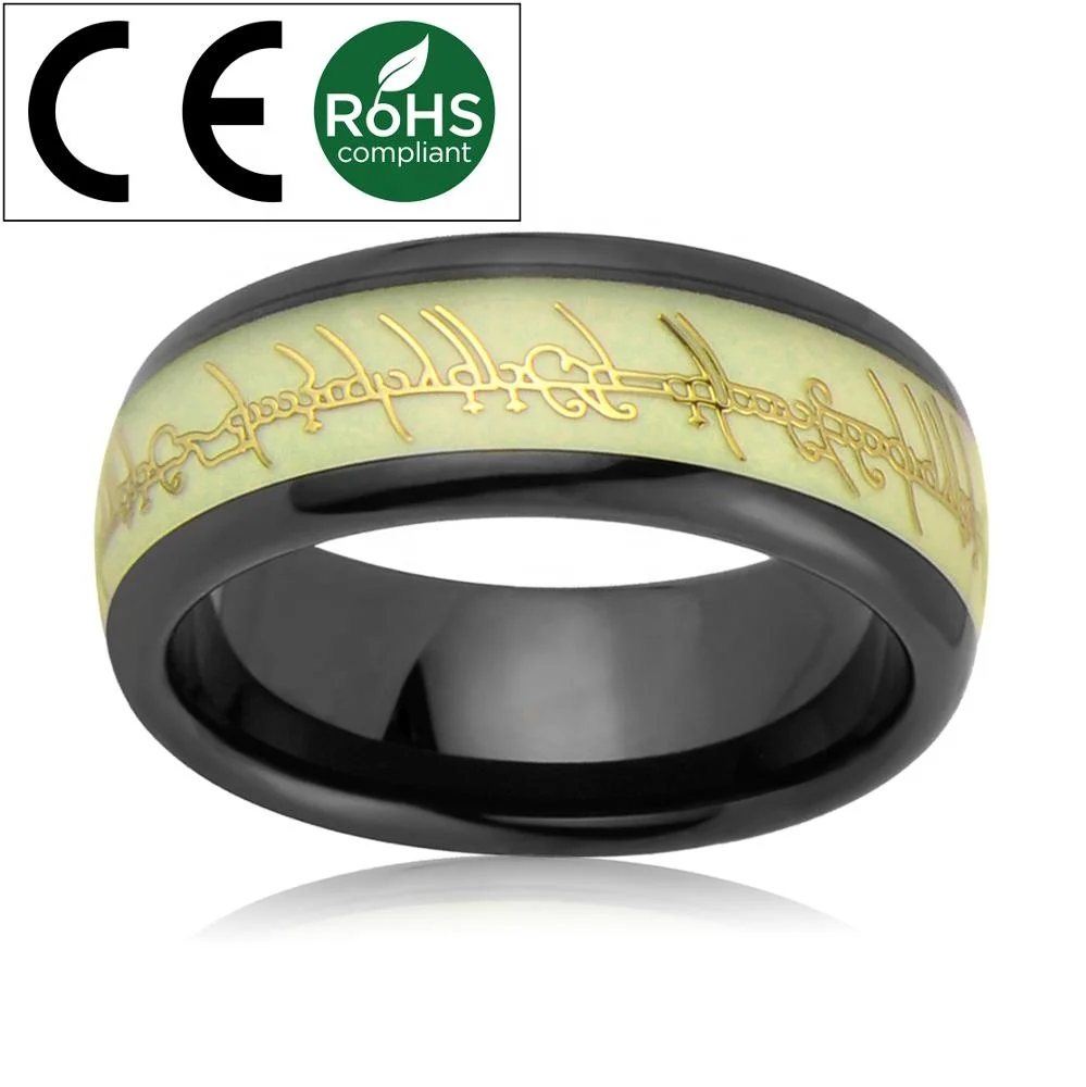 Green Fluorescent  Luminous Black Tungsten Wedding Ring Glow In the Dark