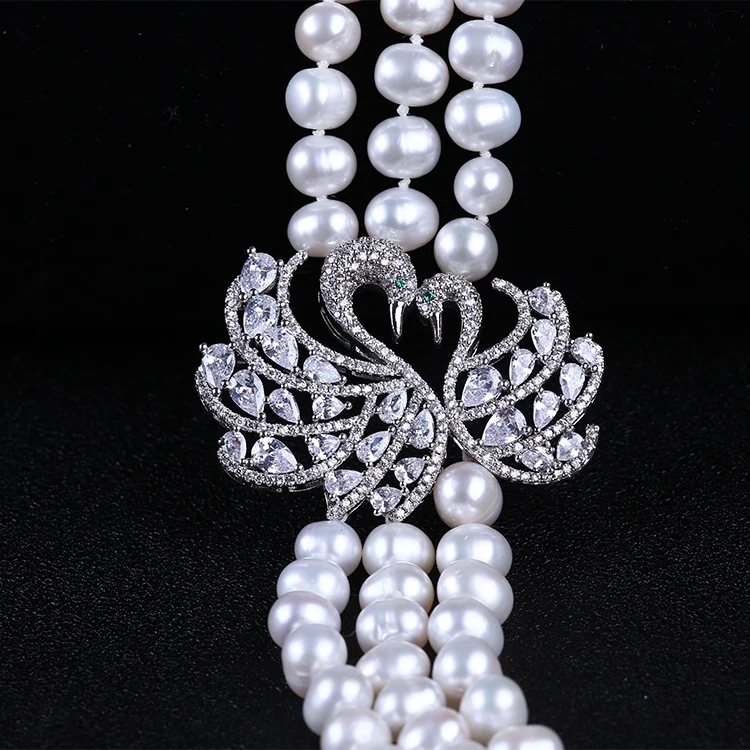 Triple Strands Baroque Freshwater Pearls Swan Pendant Sweater Necklace