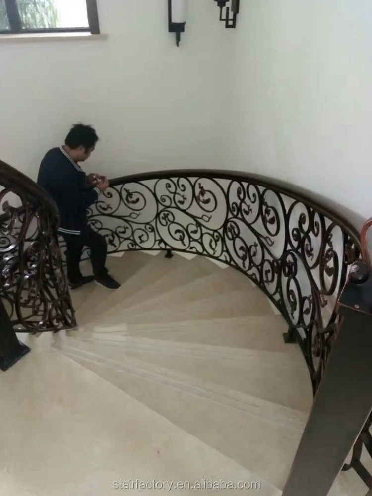 Indoor curved arc staircase Indoor curved marble treads staircase Indoor bending arc iron railings staircase TS-364