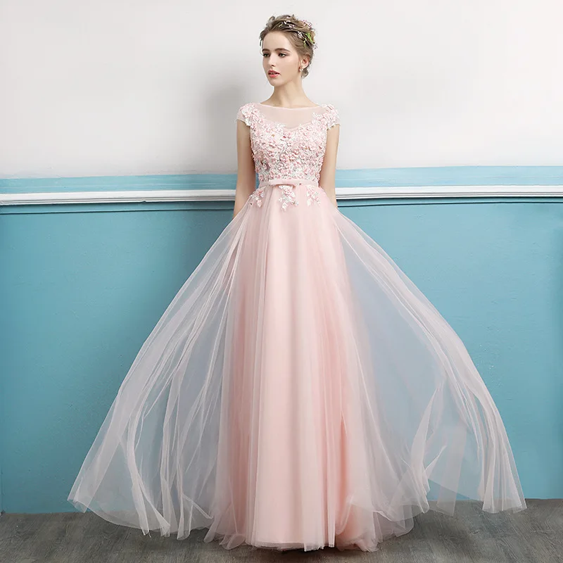 
Sleeveless Tank Dress Floor Length Sweep Train A-line Chiffon Prom Dress Appliqued pink evening dresses 2018 