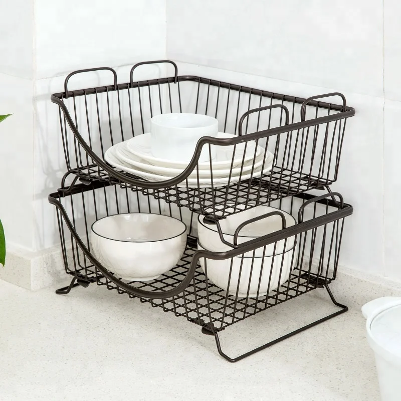 Home Kitchen Organizer Cast Iron Stackable Kitchen Dish Rack Storage Basket Plate Rack Dish Drainer Rack with Foldable Stander