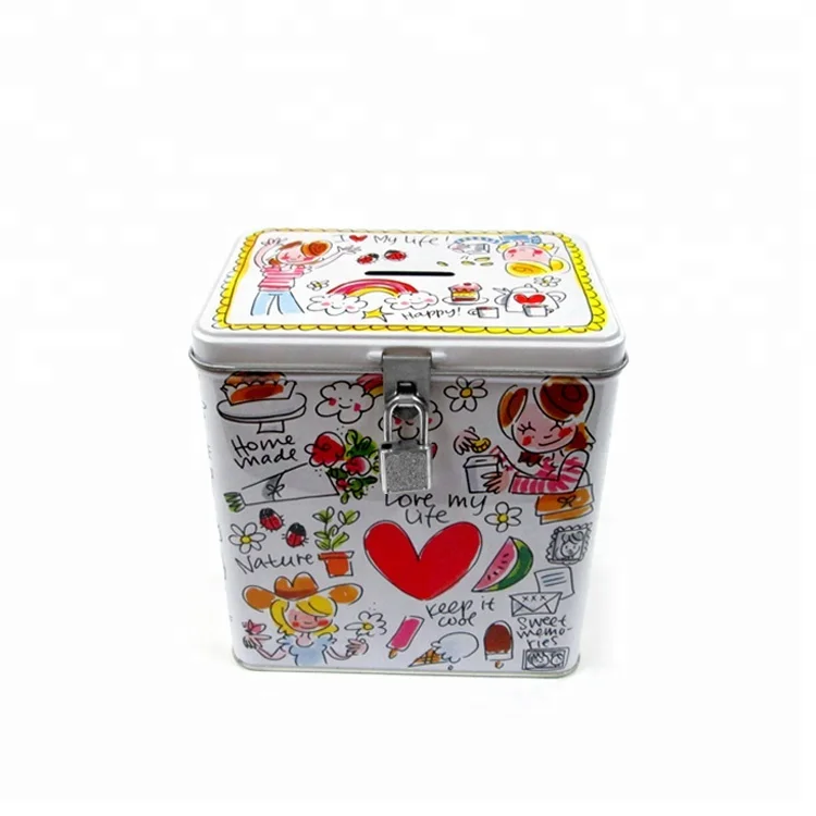 Rectangular Money Tin Box Metal Coin Bank With Lock and Key