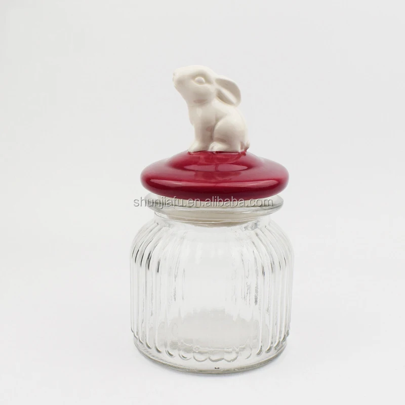 Colorful Rabbit Ceramic Lid Glass Candy Jar Wholesale Glass Jar