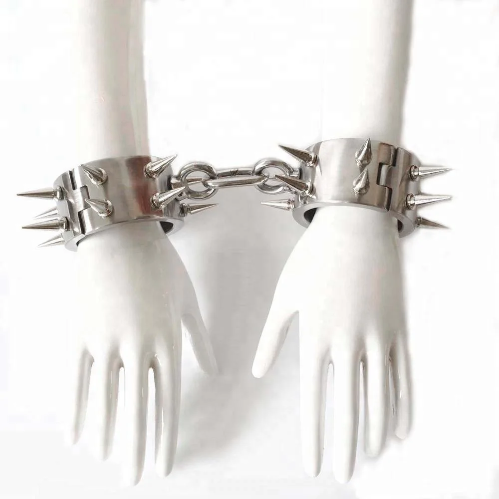 Spiked neck bondage collar handcuffs stainless steel metal restraints sex products slave bdsm adult games hand cuffs fetish toys