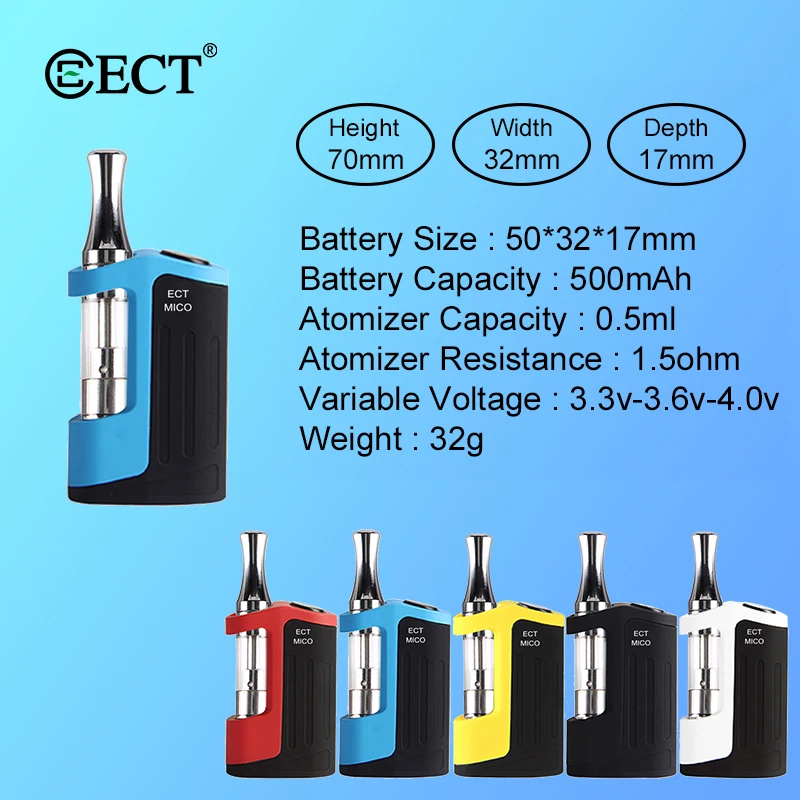 Original ECT Mico 500mAh Battery Box Mod 510 Thread 0.5ml 1.0ml mini I1 Tank Cartridge Vaporizer Kits Authentic