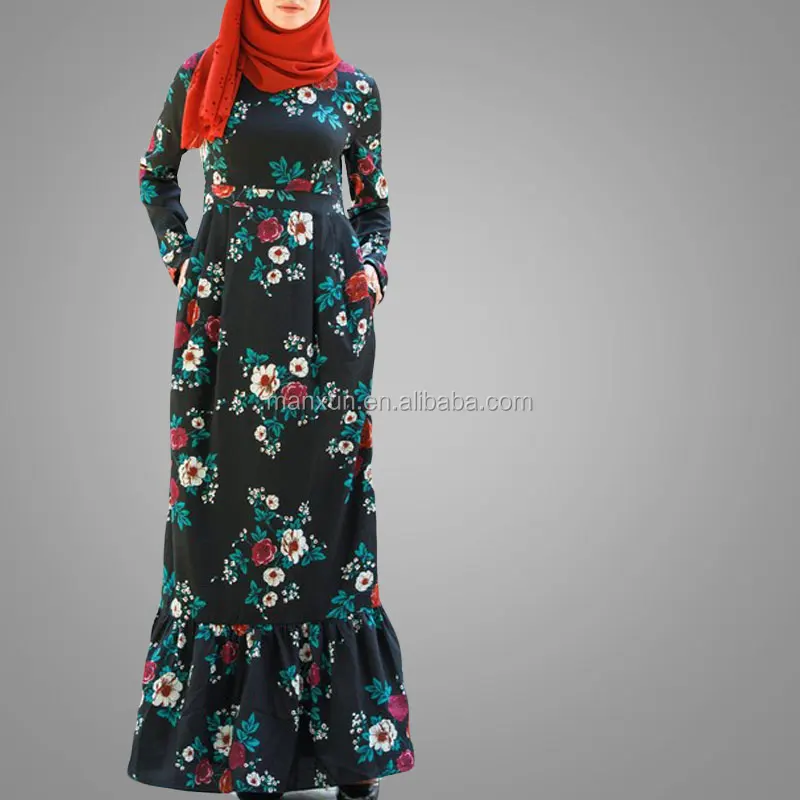 New Fashionable Women Ethnic Gender And Middle East Region Abaya Islamic Jilbab Floral Printing Ruffle Long Sleeve Maxi Dress