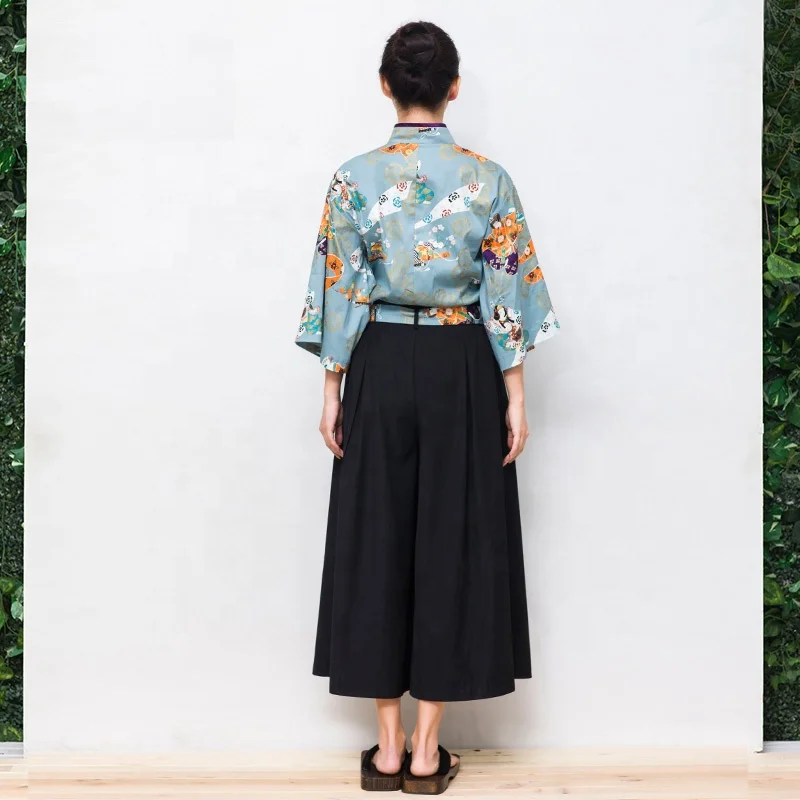
Japanese Style Vintage Clothes Kimono Style Half Sleeve Uniform Sushi Restaurant Izakaya Waitress Workwear 100%cotton 