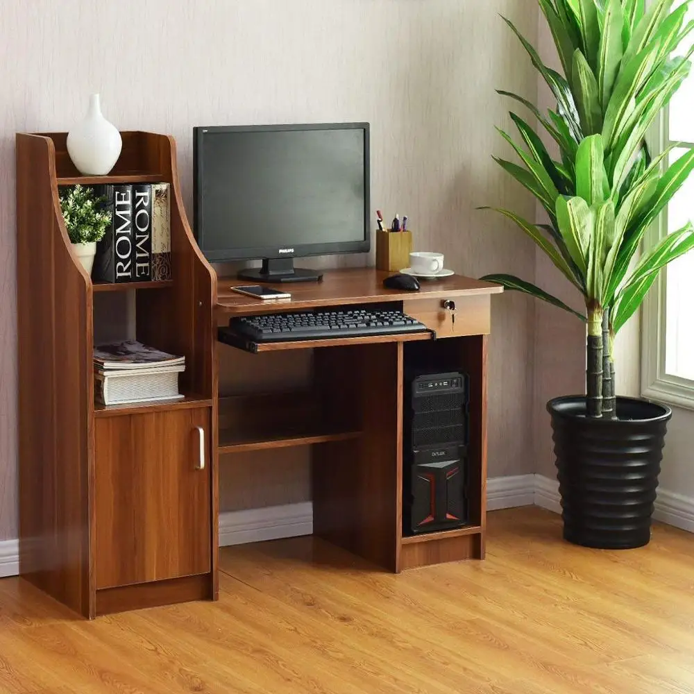 Computer Desk Wood Frame Home Office Efficient Desk with Sliding Keyboard Tray Lockable Drawer Bookshelf Storage CPU Cabinet