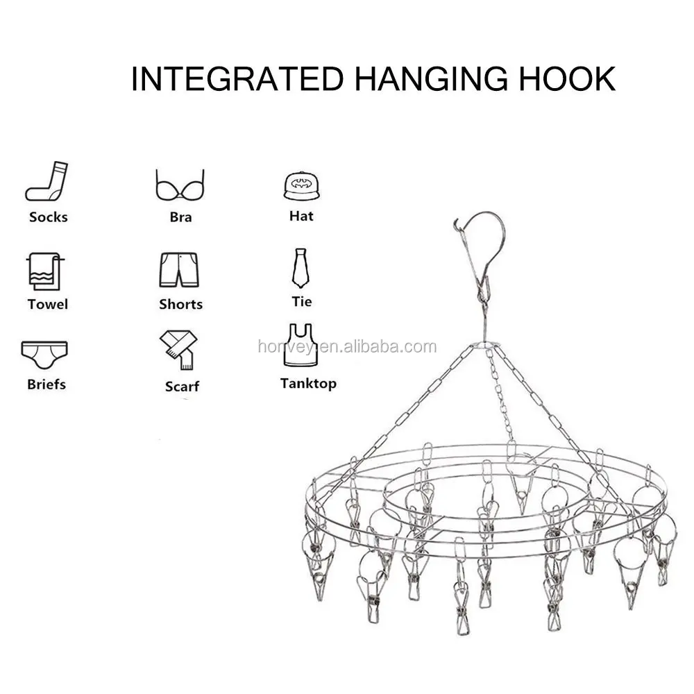 
HONVEY Stainless Steel Clothespins Round Hanging Drying Rack-Laundry Drip Hanger with 20 Clips for Drying Clothing,Socks,Towels 