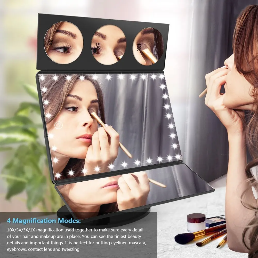 Brand Beauty Tri-fold LED Lighted Mirror with 10X/5X/3X/1X Magnifying Plastic Table Mirror