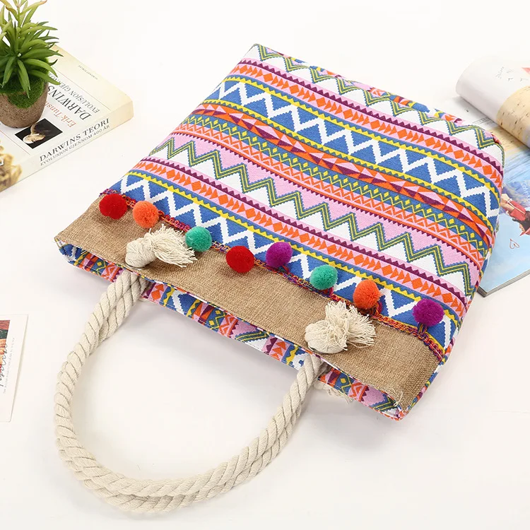 Wholesale Aztec Print Pattern Canvas Beach Tote Bag With Grommet Handles