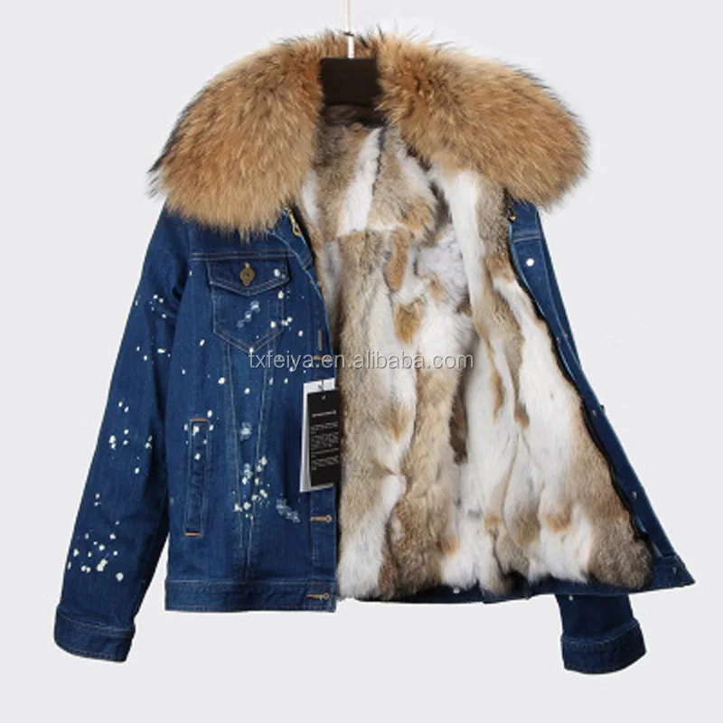 Raccoon fur collar coat and rex rabbit fur lining removable hooded denim jean jacket woman parka