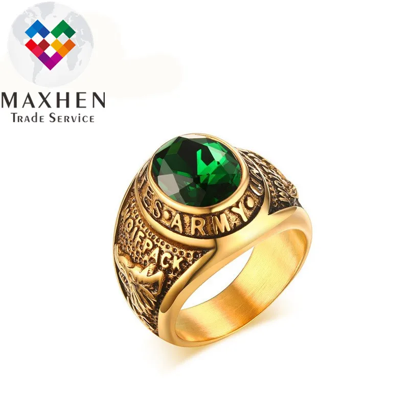 
2018 stainless steel green crystal vintage punk 18k gold plated military rings for man 
