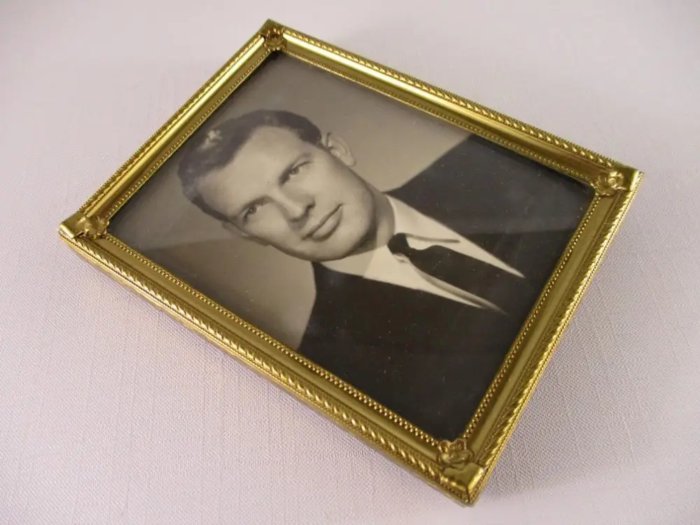 Convex Glass Embossed Gold Brass Desktop Picture Frame 3.5x4.5 Retro Photo