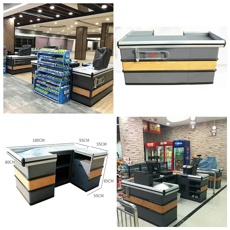 Custom Automatic Checkout Counter/ Supermarket Cashier Desk With Shopping Bag Hook