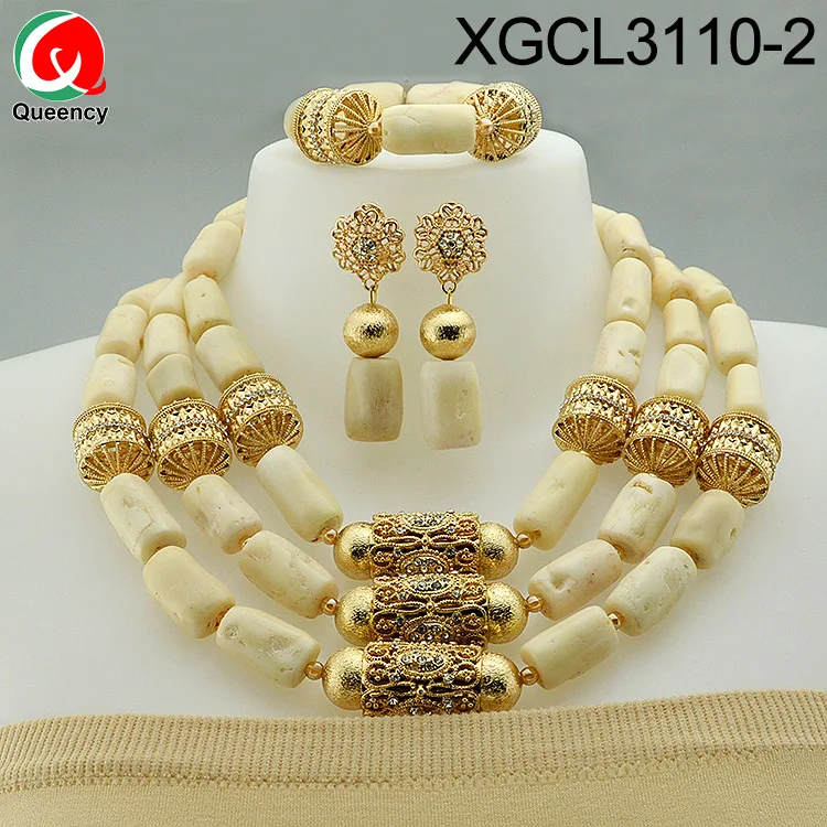 Queency High Quality Orange Coral Beads Bride Wedding Jewellery Designs Dubai Gold Jewelry Set