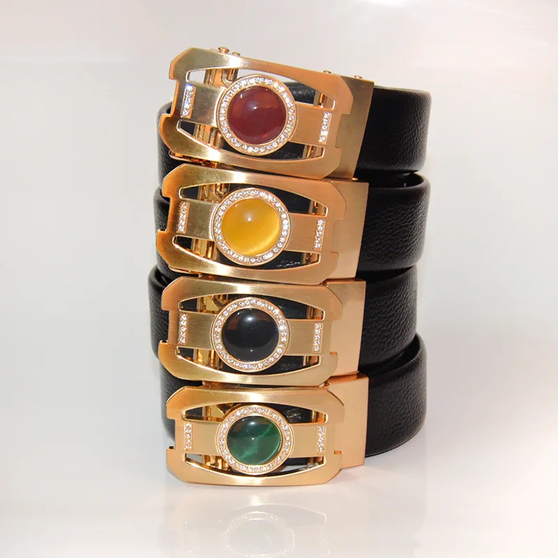 Luxury natural leather belts 3.5cm width high quality easy clip removable turquoise agate stone automatic buckle leather belts