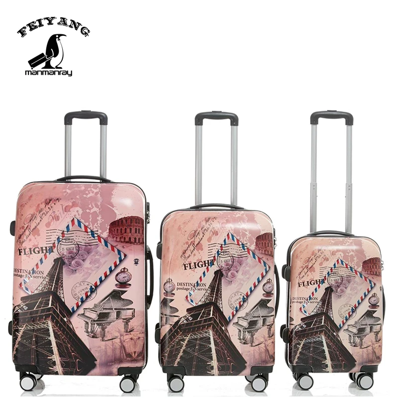 Customized Design 3pcs 20/24/28 size travel suitcase ABS+PC printed luggage