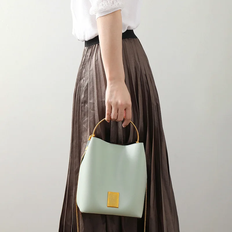 Patchwork Chain Women Leather Bucket Bag Handbag with Metal Handle Shoulder Bag