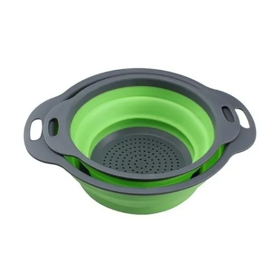 hot sale 2 Piece Folding Round Green Kitchen Colander Set Silicone Vegetable Fruit Basket Strainer