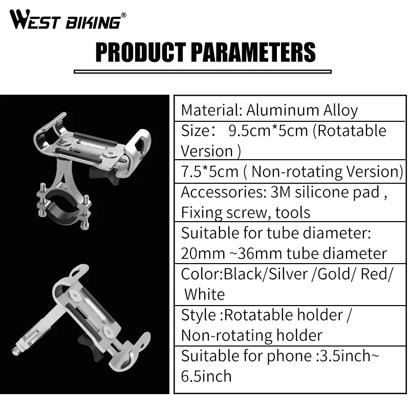 WEST BIKING 3.5-6.5 inch Cycling Aluminum Alloy Bike Phone Holder For Bike Phone Mount Bicycle Motorcycle Cell Phone Holders