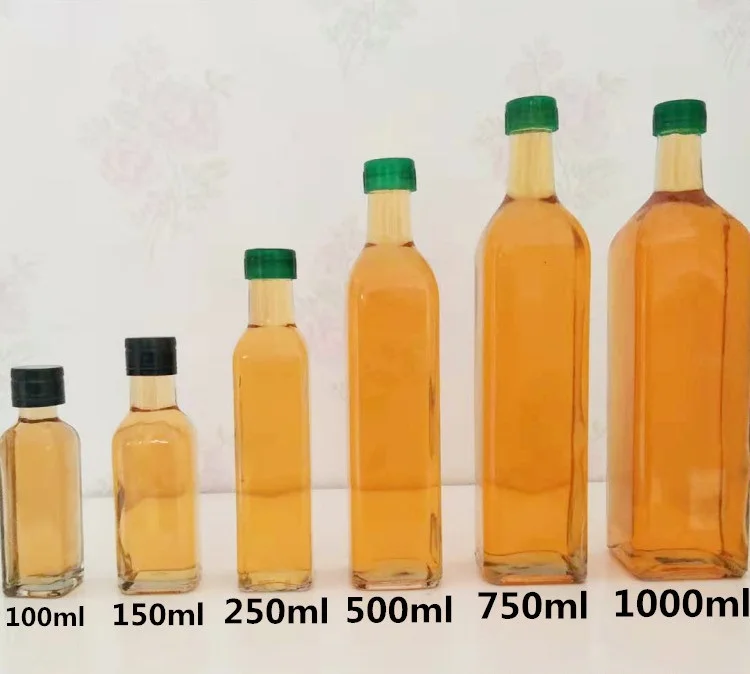 Dark Green Square Glass Olive Oil Bottle Vinegar Sauce Bottle for Oiler Cruet, 250ML 100ML 1000ML