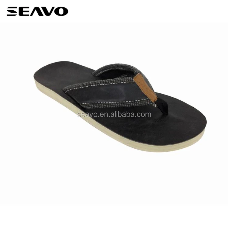 
SEAVO China cool black leather upper style rubber sole design men slippers 
