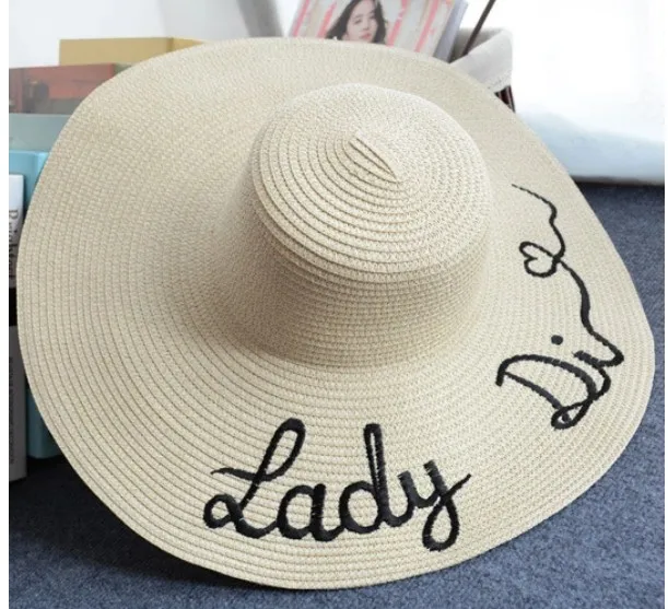 Wholesale lady large brim collapsible sunscreen embroidery straw floppy hat
