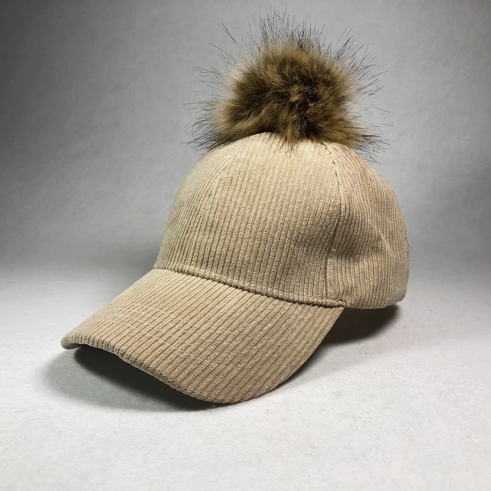 Wholesales small MOQ custom fashion plain blank corduroy cap with pom pom winter hat