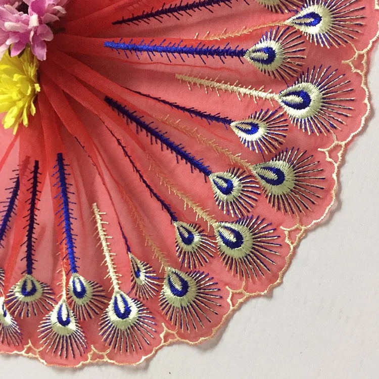 18 см Красивые африканские кружевные ткани с вышивкой в виде красного павлина и перьев для свадебного платья