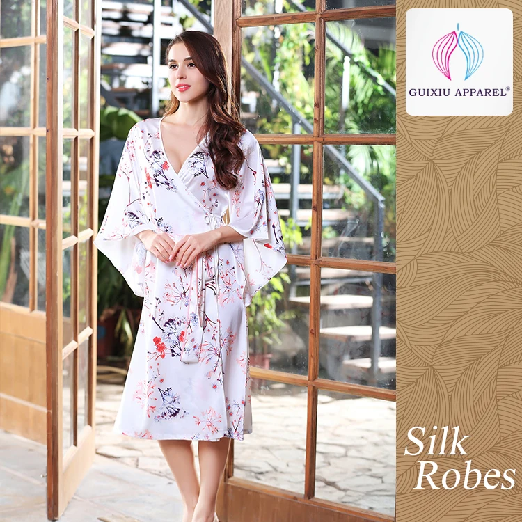 Womens long dressing gown robe printing night gown warm washable white cute silk hot pajamas robe for women