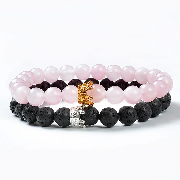 F118 2 Pcs Rose Quartz Volcanic lava stone Valentine Handmade Jade Bangle crown boy girl friendship gifts mans couple bracelet