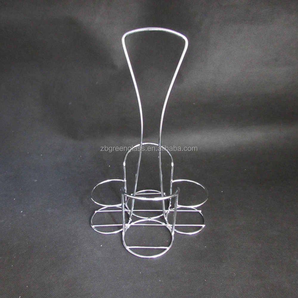 Glass salt pepper shakers and oil vinegar bottles with metal stand