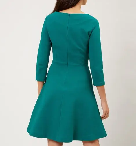 Custom Ladies High Quality Emerald Green 3/4 Sleeve Solid Skater Dress
