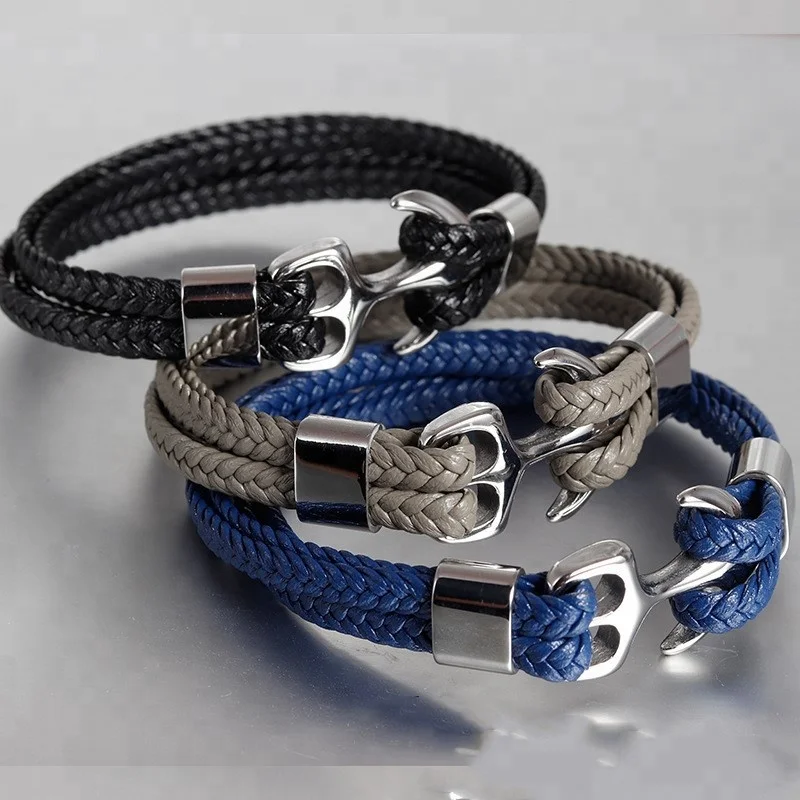 Cheap Handmade Men Leather Anchor Bracelet  Fashion Jewelry Wholesale