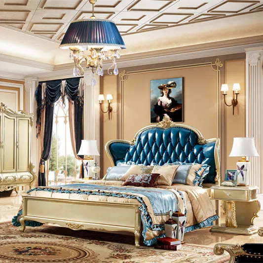 European style Bed Velvet Tufted Headboard Wooden Classic King Bed