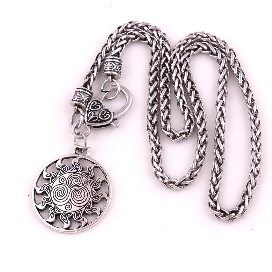 N489 Trade Assurance Vintage Celtic Sun Pendant Viking Slavic Symbol Newgrange Spirals Ireland Amulet Wheat Chain Necklace