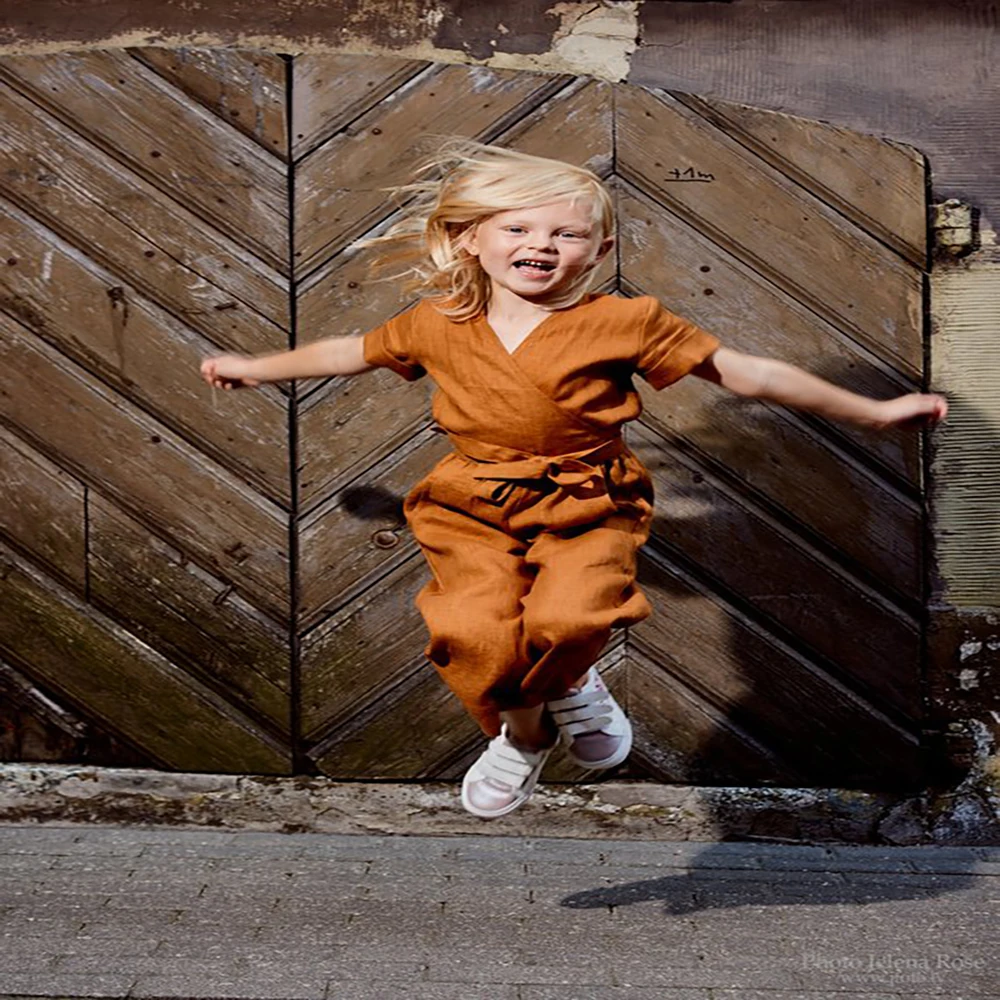 
Wholesale Baby Girls Linen Cotton Clothing Long legging Loose Casual Overalls Short Sleeve Kids Girls Jumpsuit 