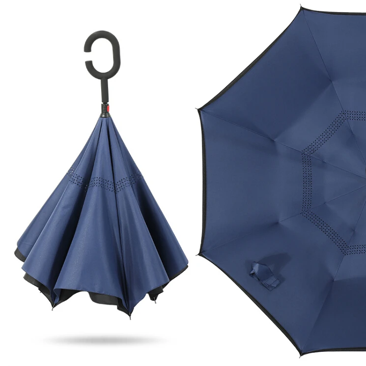 Wholesale Custom Logo Printed Double Fabric Windproof C Shape Handle Upside Down Inverted Reverse Rain Umbrella for Sale