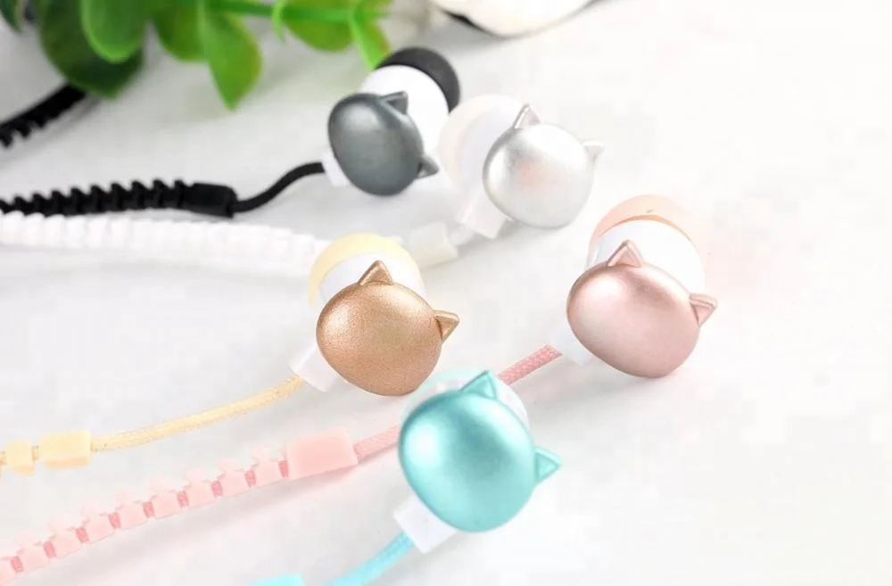 
Cartoon Cat Zipper Headphone with Mic, Plastic 3.5mm Promotion In Ear Micro Earphone Speaker Stereo Wired Earphones 