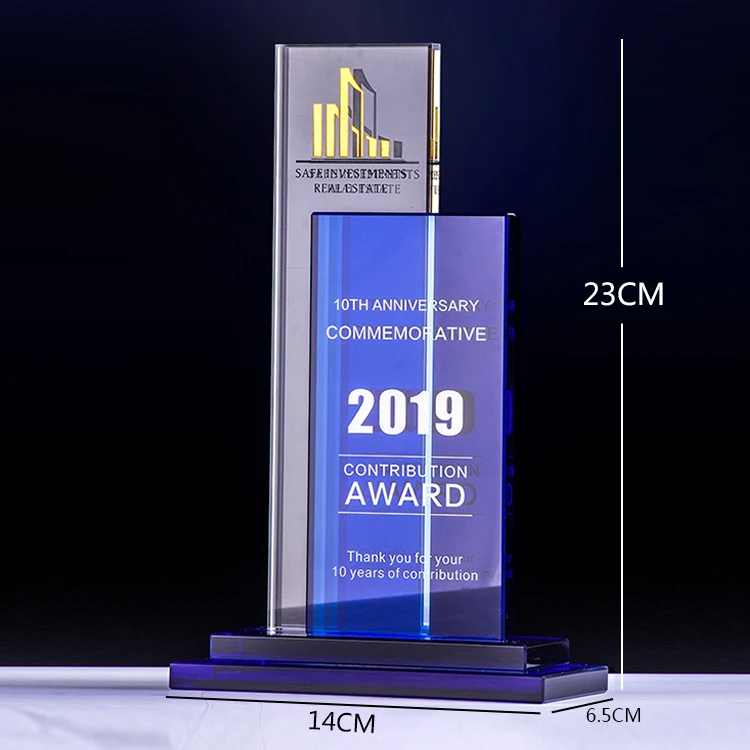 
Sandblasted two-layer glass awards crystal trophy for government gifts 