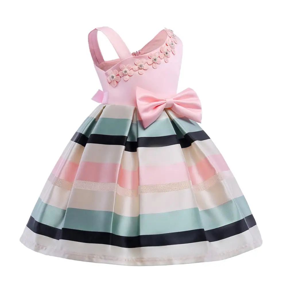 Kids One-Shoulder Party Dress Wholesale Girl Formal Dress Sling Bare Shoulder Stripe Flower Embroidered Princess Dress