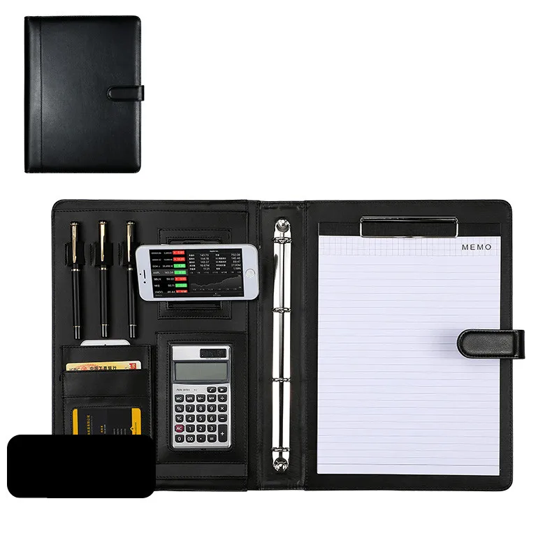 A4 leather clipboard folder black multifunctional business conference file folder with pen calculator