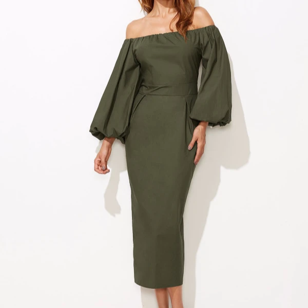 2021 hot sale Olive Green Off The Shoulder Seersucker Sleeve Slit Back Pencil Dress