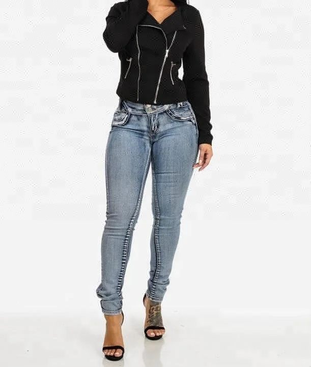 Royal wolf denim jeans manufacturer gray bleached wash colombian skinny butt lift women levanta cola jeans