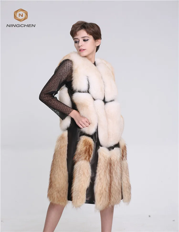 Classic Plaid Casual Long Plus Size Real Fox Fur Vest Hooded Coat Top quality women horizontal design real fox fur coat