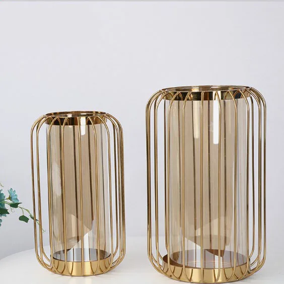 Европейская железная стеклянная ваза в форме фонаря, Золотая Геометрическая ваза, свадебное украшение