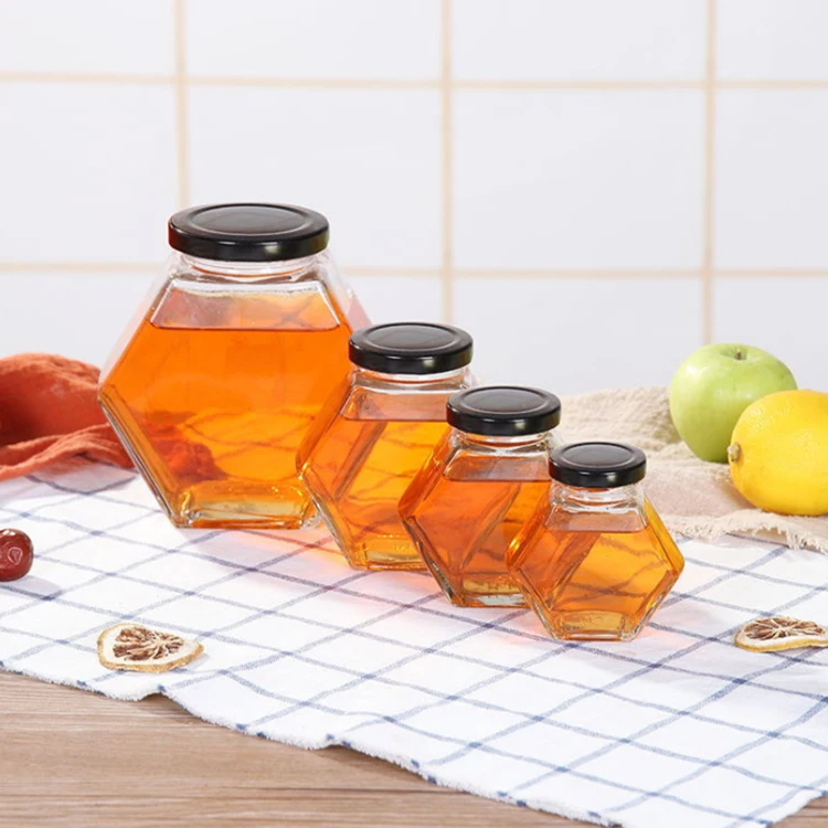 
Wholesale Hexagon Glass Jar Storage 100ml 180ml 280ml 380ml Six-Rowed Glass Honey Jar With Metal Cap 